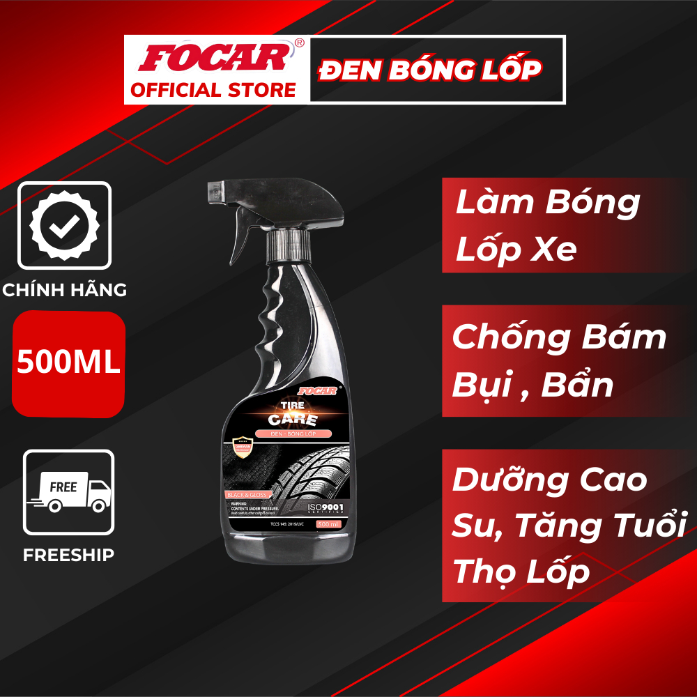 Dung dịch dưỡng Đen và bóng lốp Focar tire care 500ml - Dưỡng đen lốp xe hơi, dưỡng bóng lốp xe, phục hồi cao su xe, dưỡng đen bóng cao su, xịt dưỡng công thức gốc nước, đen lốp xe hơi, xịt bóng vỏ xe