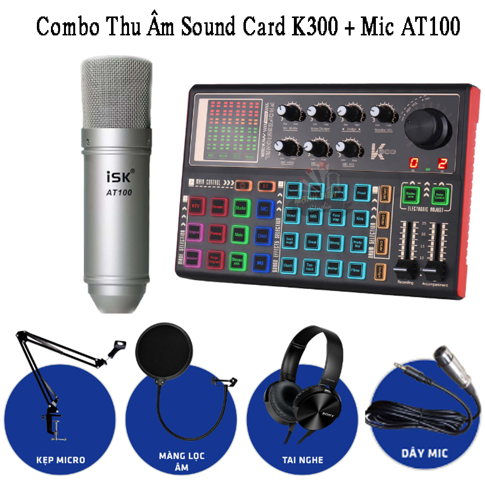 Combo Thu Âm Sound Card K300 Và Mic Thu Âm AT100 Chuyên Thu Âm, Livestream, Karaoke Online – Livestream Được 3 Điện Thoại, Khử Tiếng Ồn, Tạp Âm, Độ Nhạy Mic Tốt, Kết Nối Bluetooth, Bảo hành 12 tháng