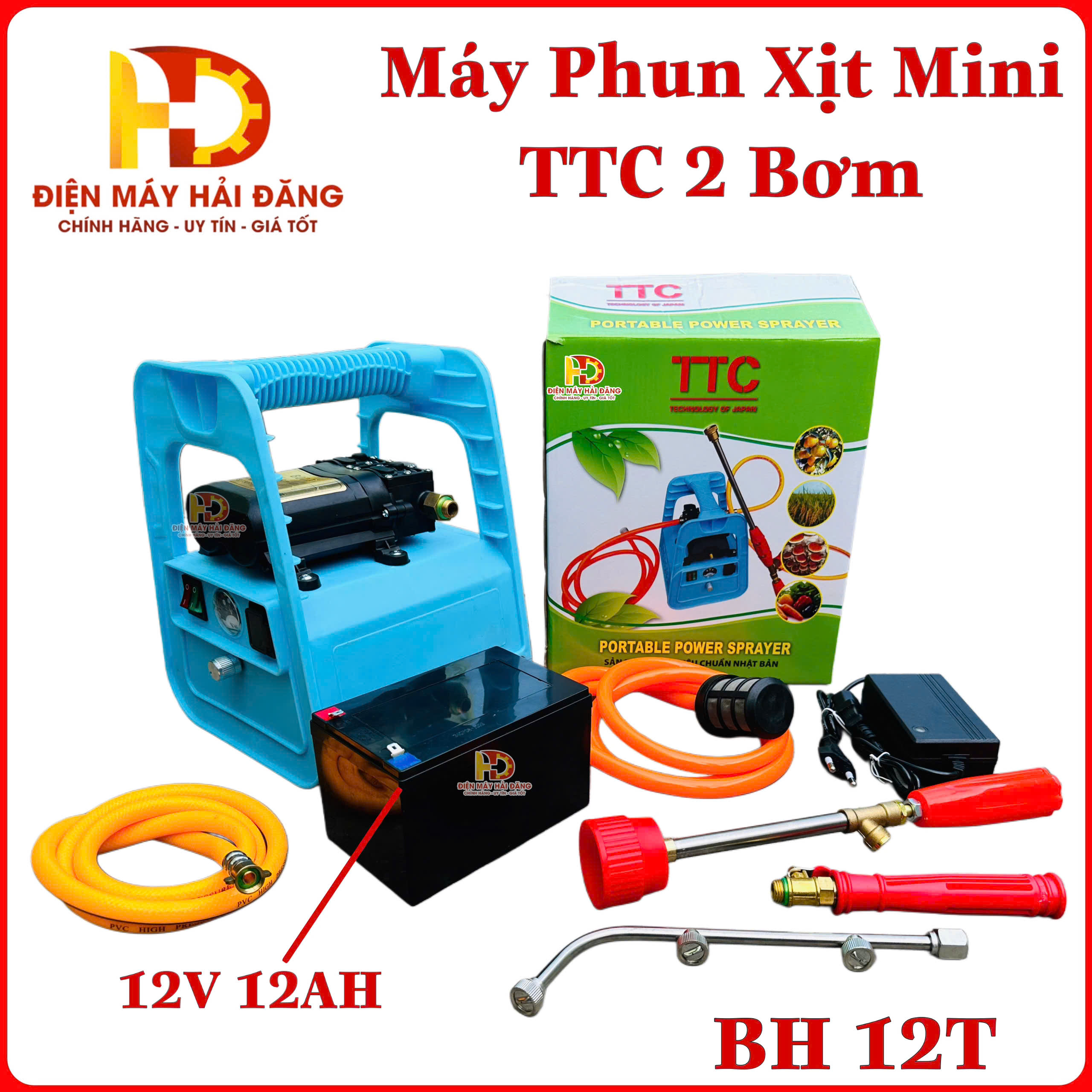 Bộ bơm xách tay.Xịt sâu,tưới cây TTC. 2 Bơm.Acquy 12V 12AH.Hút 8L/Phút.BH 6Tháng