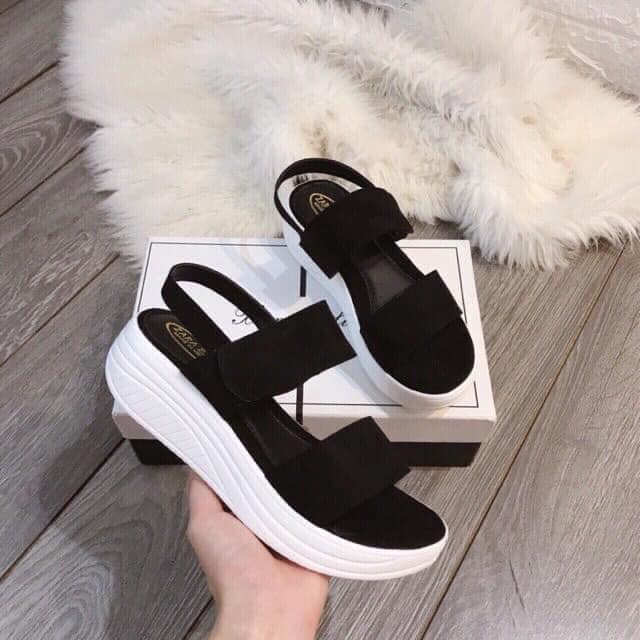 ẢNH THẬT DÉP SANDAL CAO GÓT ĐẾ BÁNH MÌ QUAI ĐEN CAO 5P THỜI TRANG HÀN