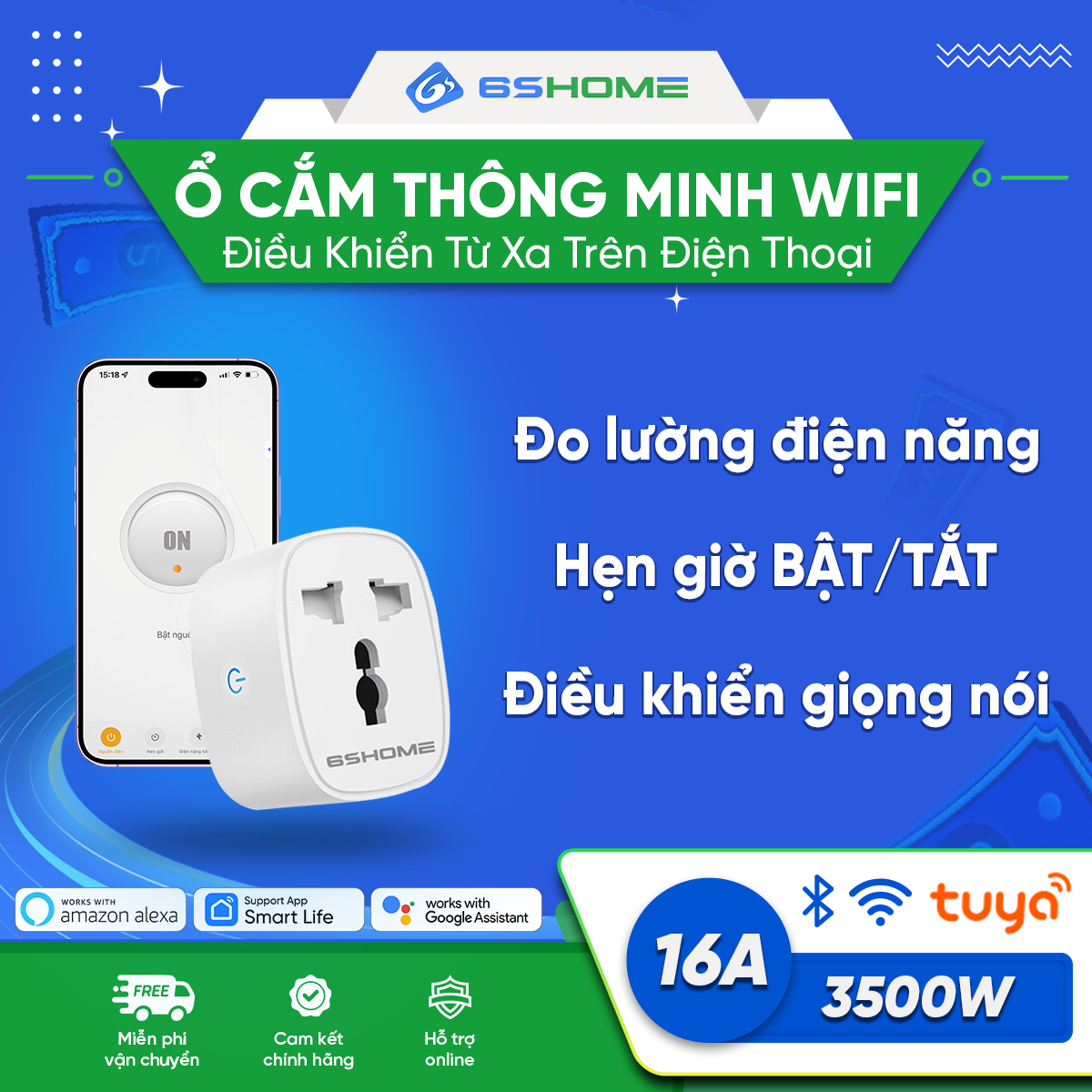 Ổ cắm điện thông minh hẹn giờ wifi 16A 6SHOME - Chức năng hẹn giờ, điều khiển từ xa, đo điện năng tiêu thụ