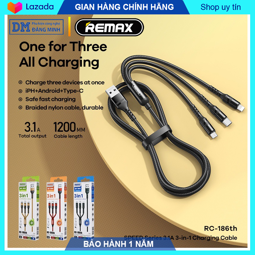 Dây sạc điện thoại 3 trong 1 Remax 186th sạc nhanh 3.1A cho Iphone Type-C Micro dây sạc đa năng bọc vải dù – Đăng Minh
