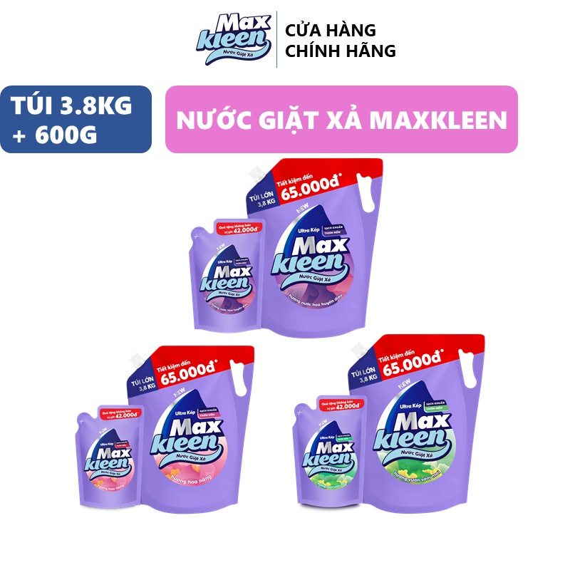 Combo túi nước giặt xả 3.8kg + túi nước giặt xả 600g maxkleen