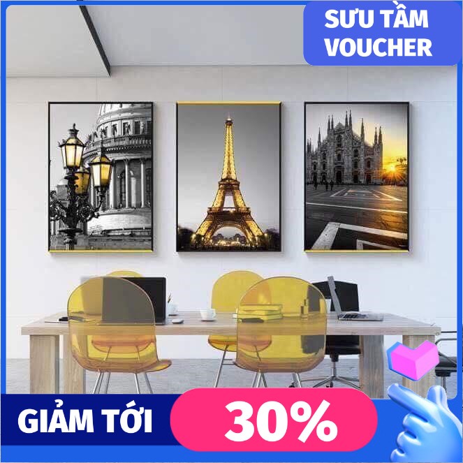 Bộ Tranh dán tường 3D Paris nắng vàng đẹp -  Tranh décor phòng khách, phòng ngủ phong cách hiện đại