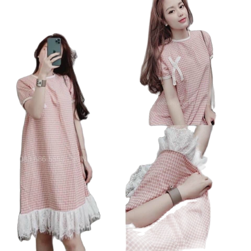 Đầm bầu, váy bầu cộc tay ren gối kẻ xinh mới