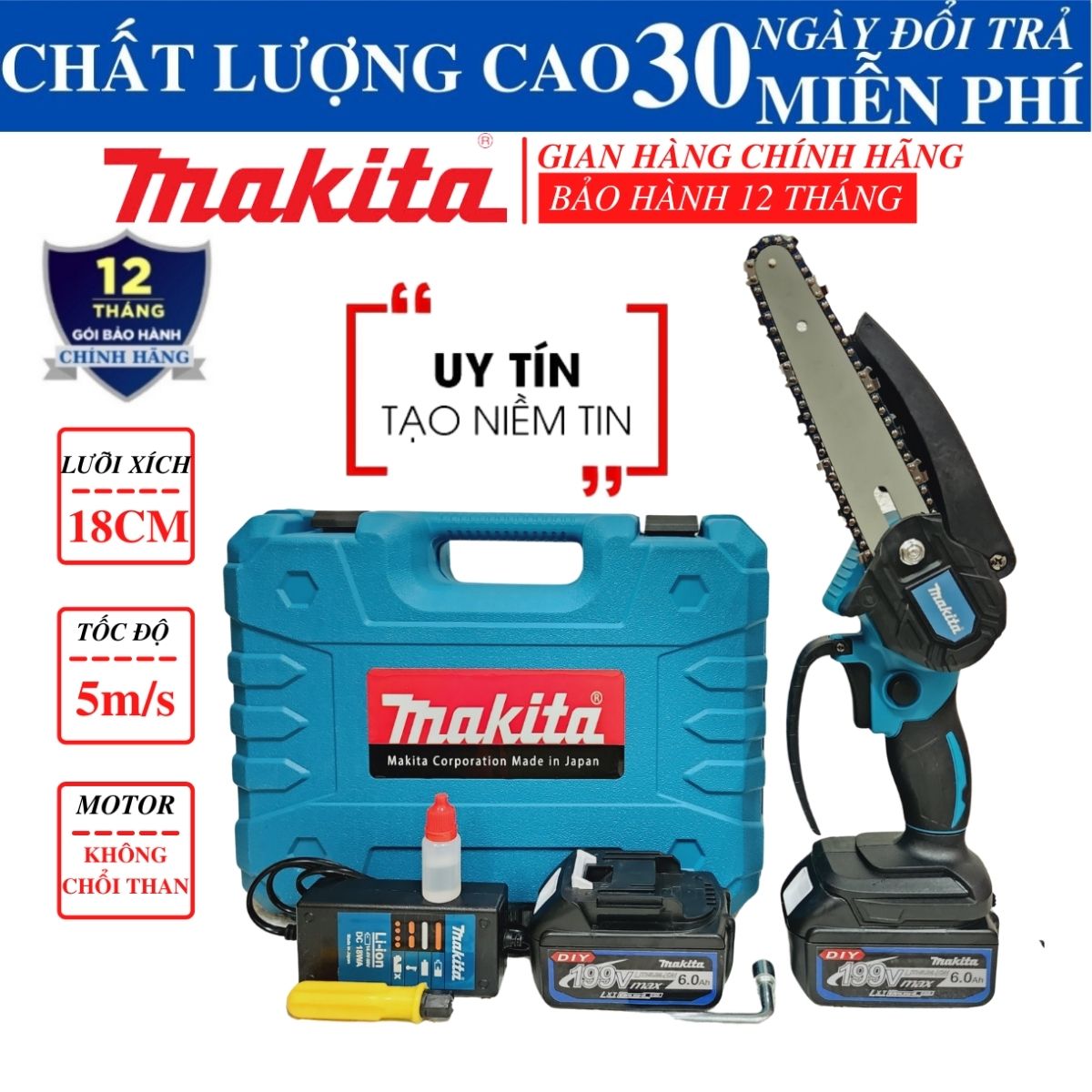 Máy cưa xích Makita 199V máy cưa xích cầm tay mini makita Lam xích dài 18cm lõi đồng 100 pin 10 cell