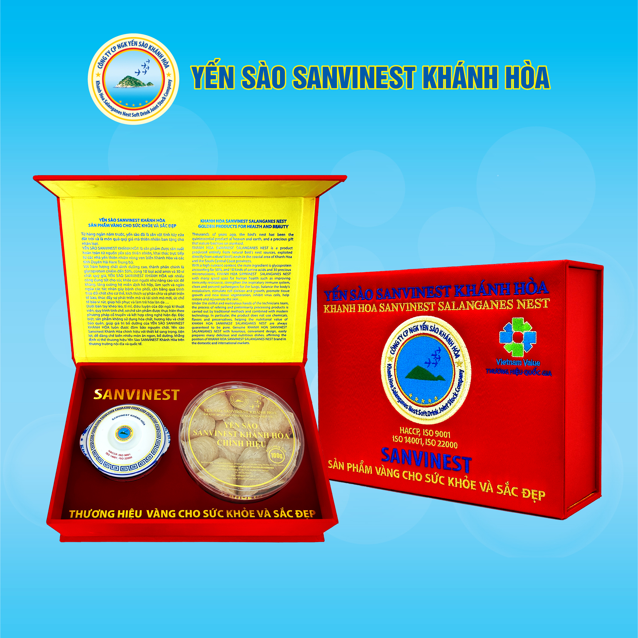 Hộp yến sào nguyên tổ sơ chế ít lông hộp 50-100g kèm chén sứ chưng yến, mẫu hộp vải thêu yến sào khánh hòa sanvinest.