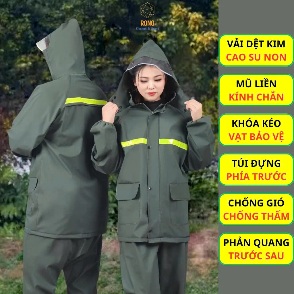 Quần Áo Mưa Bộ Vải Dệt Kim Xanh Bộ Đội, Cao Su Non, Mềm Mại, Chống Thấm, Có Giải Phản Quang An Toàn Xe Máy