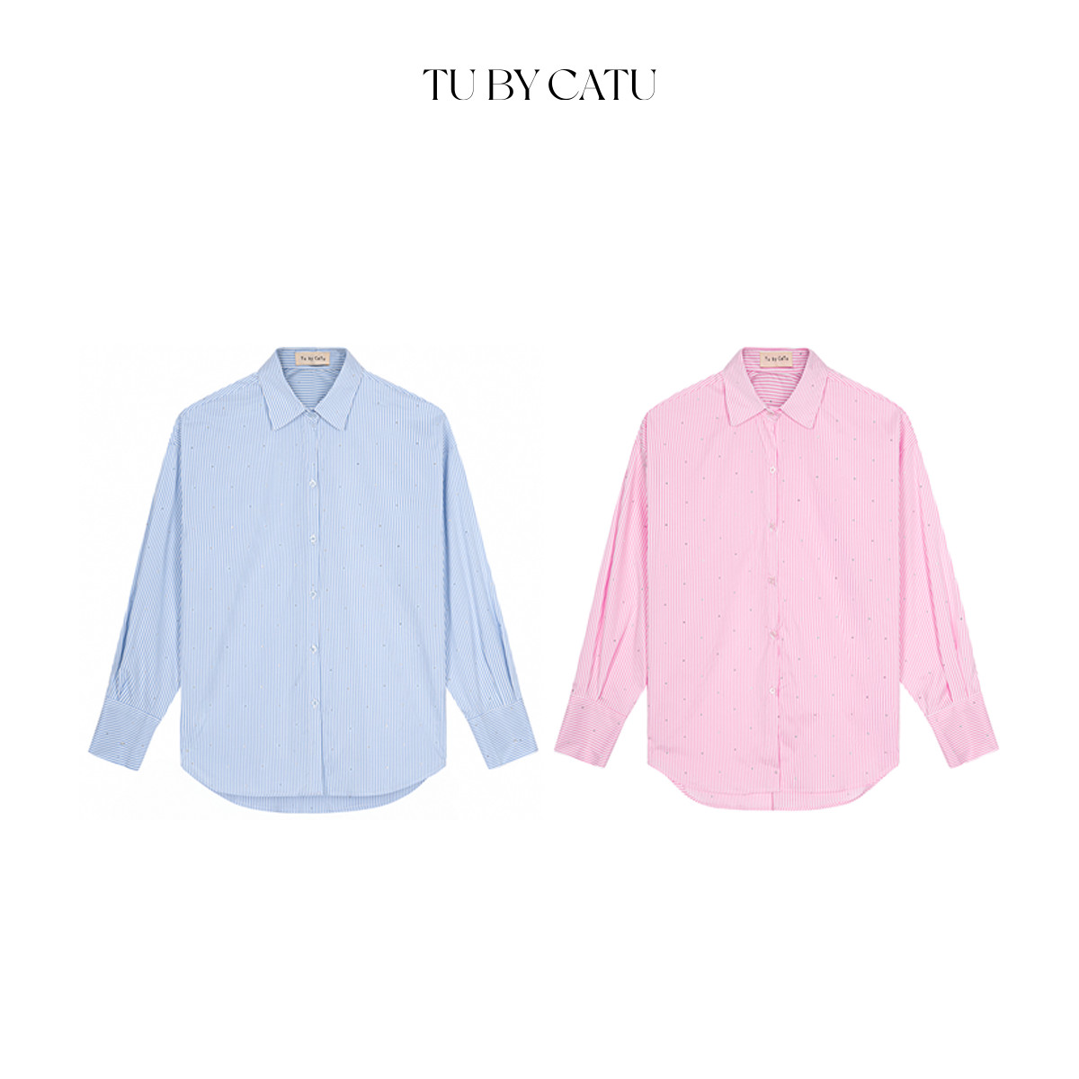 Tubycatu | áo sơ mi sọc hồng/ xanh đính đá