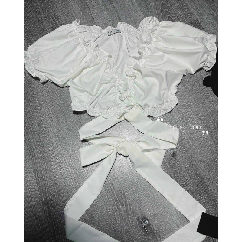 Áo kiểu nữ form croptop chất kate lụa nhún dây cột eo, chât vải kate nhúm lưng, Free size dưới 54kg