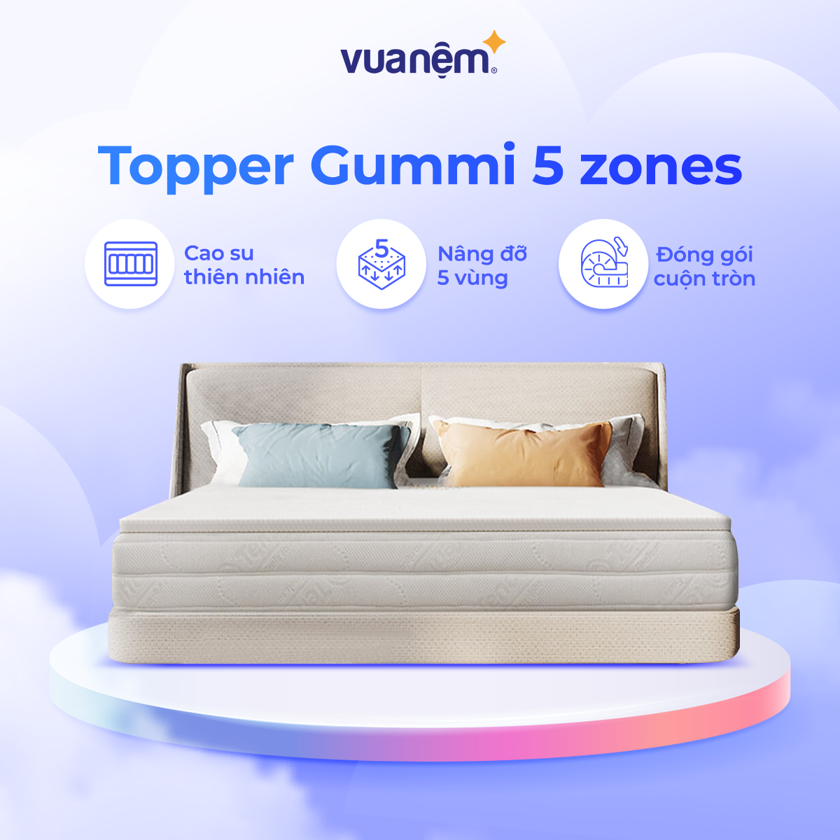 Topper cao su Gummi 5 zone nâng đỡ thông minh, gọn nhẹ, kháng khuẩn