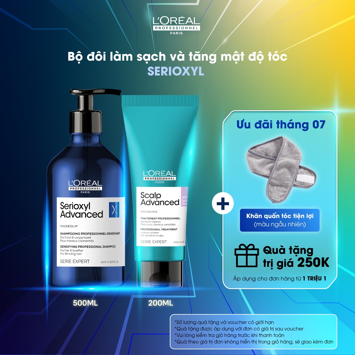Combo Dầu gội L'Oréal Professionnel Serioxyl Advanced 500ml và Dầu xả L'Oréal Professionnel Serioxyl 150ml