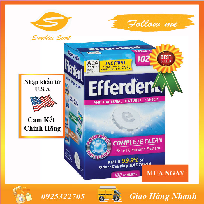 VIÊN SỦI LÀM SẠCH RĂNG GIẢ EFFERDENT ANTI-BACTERIAL DENTURE CLEANSER 5-IN-1 (102 VIÊN)