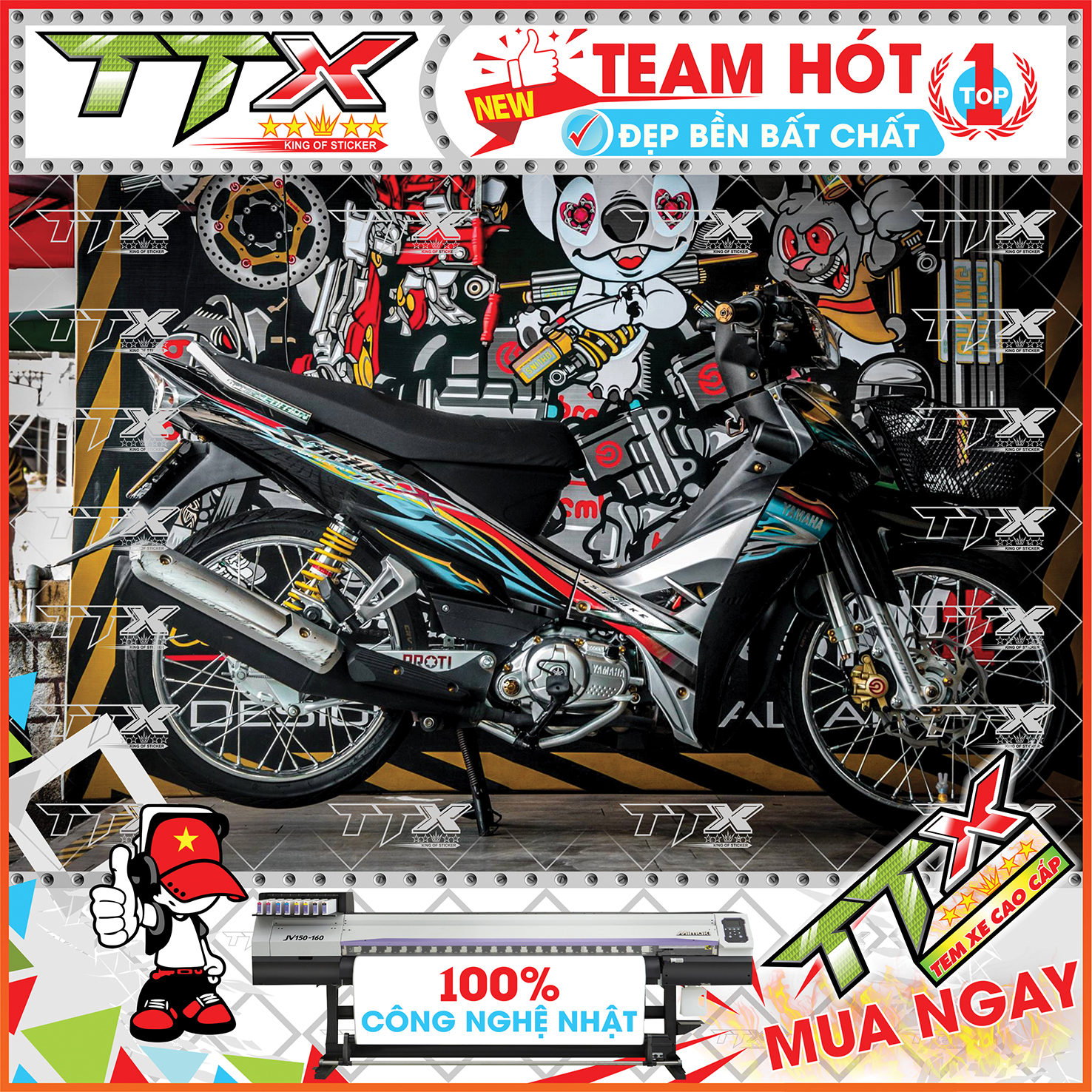 Tem rời sirius 110 x , Team chế sirius dán xe màu xanh nền đen viền đỏ tuyệt đẹp , Shop TTX Tem xe sirius