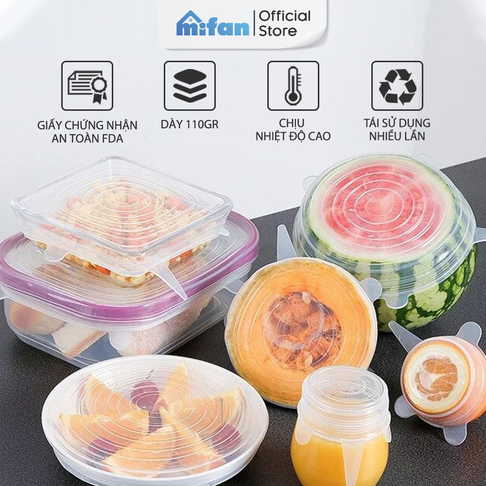 Bộ 6 miếng silicone bọc thực phẩm - nắp đậy màng silicon bảo quản thức ăn - hàng loại 1