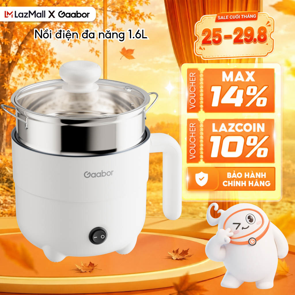 Nồi điện đa năng Gaabor EC-18M01A 1.6L kèm xửng hấp inox nấu lẩu nấu mì nấu cháo hấp xào chống dính cao cấp - Bảo hành 12 tháng 1 đổi 1