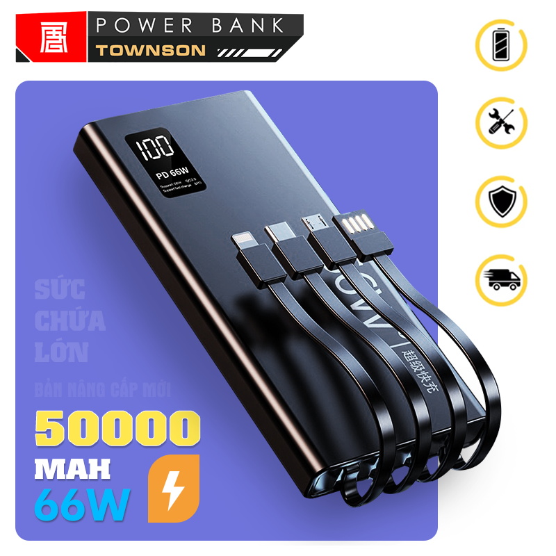 Sạc Dự Phòng 500000mAh Có Sạc Nhanh PD 20W Kèm 4 Cáp Sạc Dung Lượng Lớn Màn Hình LED Hiện Thị Phần Trăm Pin