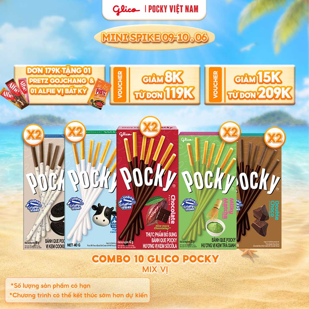 Combo 10 Hộp Bánh Que Phủ Kem Nhiều Vị Glico Pocky (00647_2 Matcha - 2 Dâu - 2 Socola - 2 Double Choco - 2 Sữa)