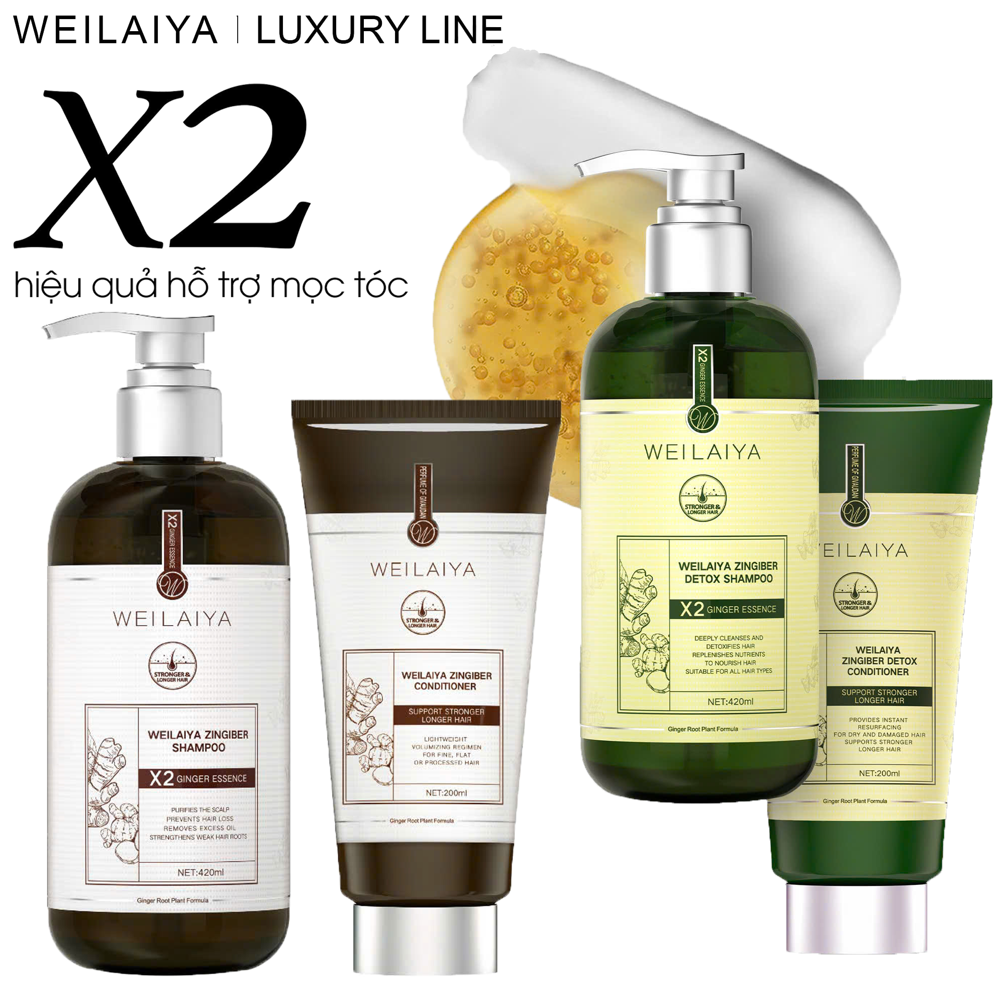 Phiên bản Luxury Bộ Gội Xả Gừng Detox Hỗ Trợ Mọc Tóc & Ngăn Lão Hóa Da Đầu Gội 420ml Xả 200ml