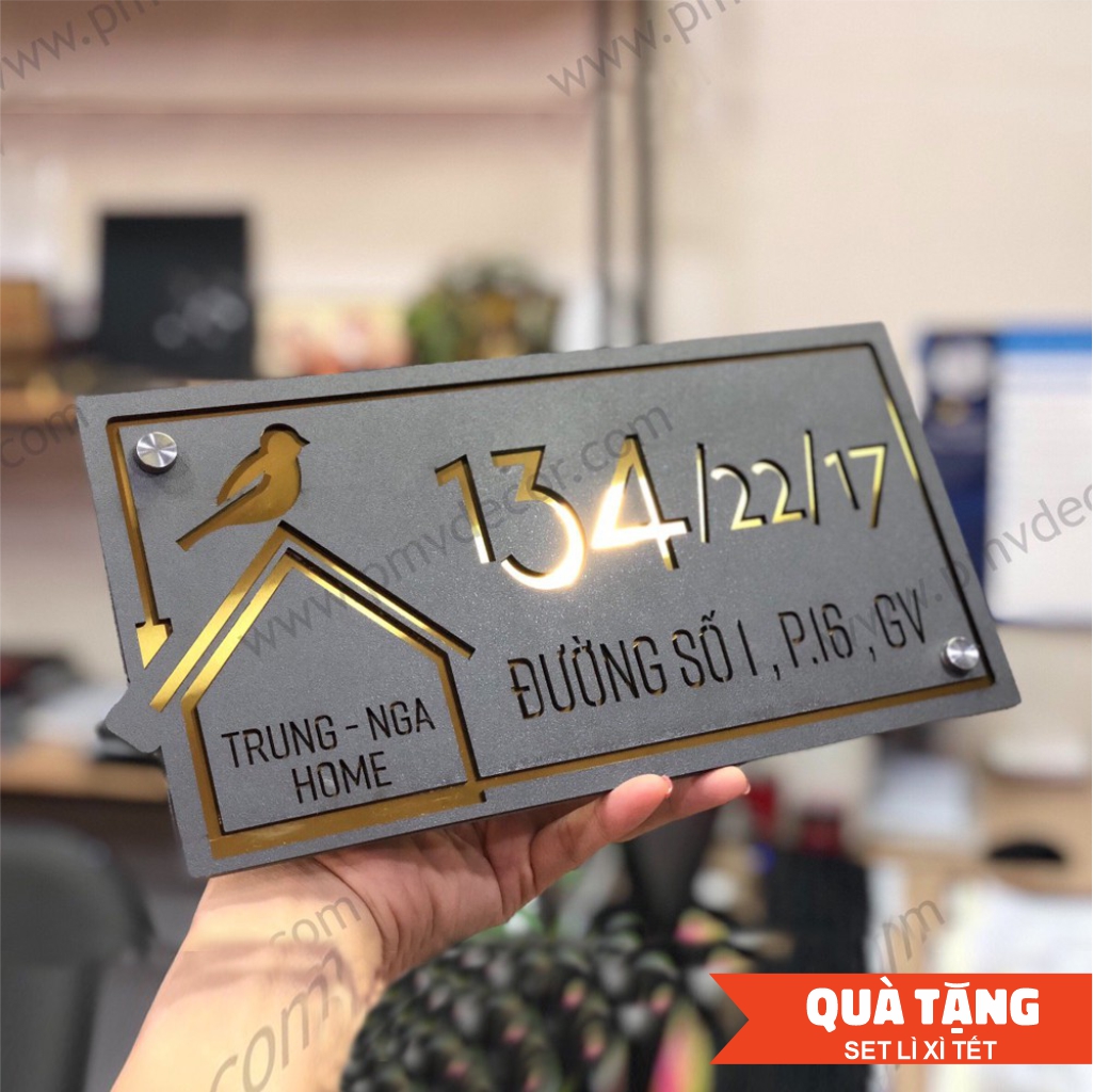 BẢNG, BIỂN SỐ NHÀ. Alcorest gương vàng + mica ghi sần, số chìm,ngoài trời, BSN-PMV80