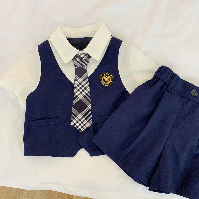 Bộ vest bé trai Hàn Quốc Bonkids set vest 3 chi tiết gồm áo gile, áo sơ mi trắng cà vạt, quần short