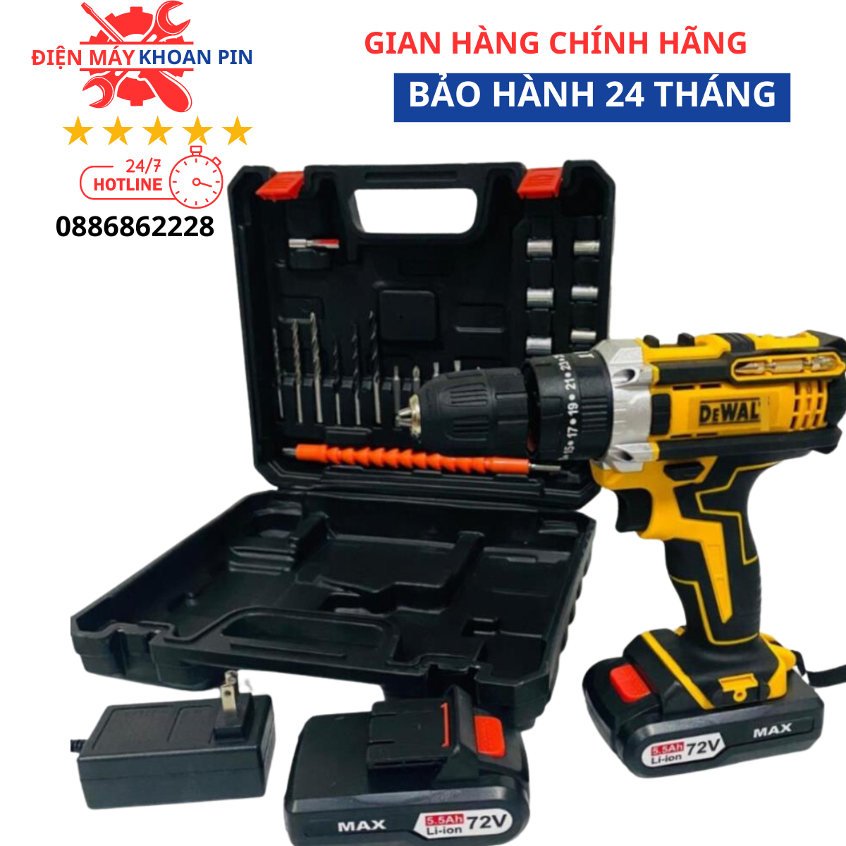 Máy khoan pin, bắn vít 72V Dw 3 chức năng có búa - Tặng kèm bộ phụ kiện 24 chi tiết