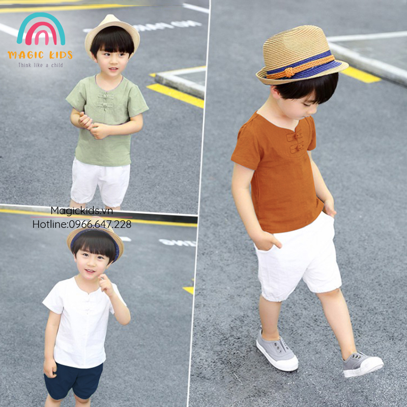 Bộ quần áo trẻ em cộc tay chất đũi cổ tàu 2 khuy cho bé trai từ 9-30kg