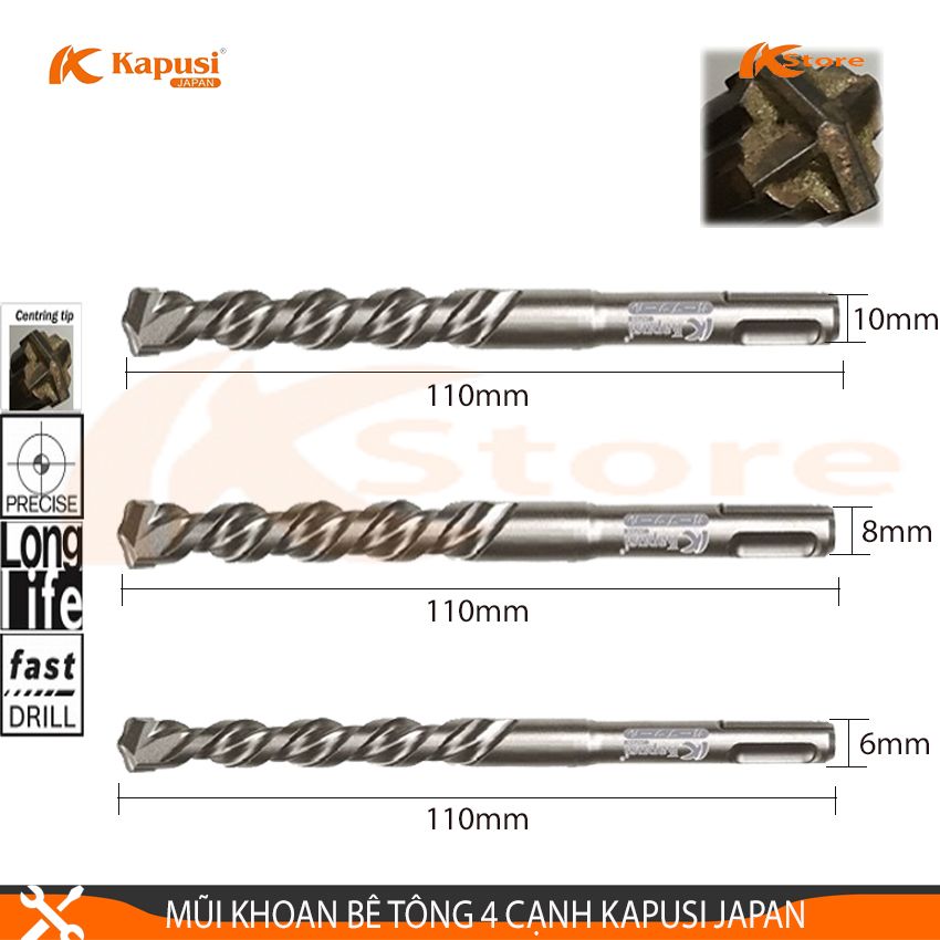 MŨI KHOAN BÊ TÔNG ĐUÔI GÀI 4 CẠNH KAPUSI JAPAN 110MM, MŨI KHOAN ĐA NĂNG TIÊU CHUẨN NHẬT BẢN, ĐƯỜNG KÍNH MŨI KHOAN: 6-8-10MM