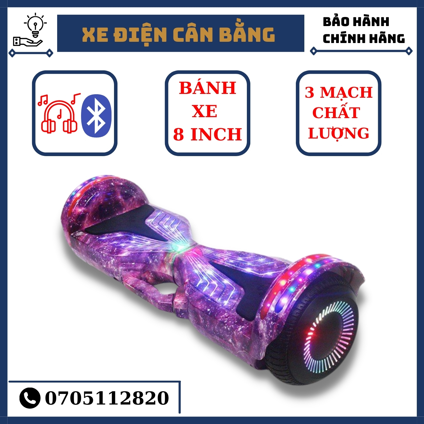 Xe điện cân bằng, Xe cân bằng đi bằng 2 bánh 8inch cao cấp gắn đèn led kết nối bluetooth cao cấp