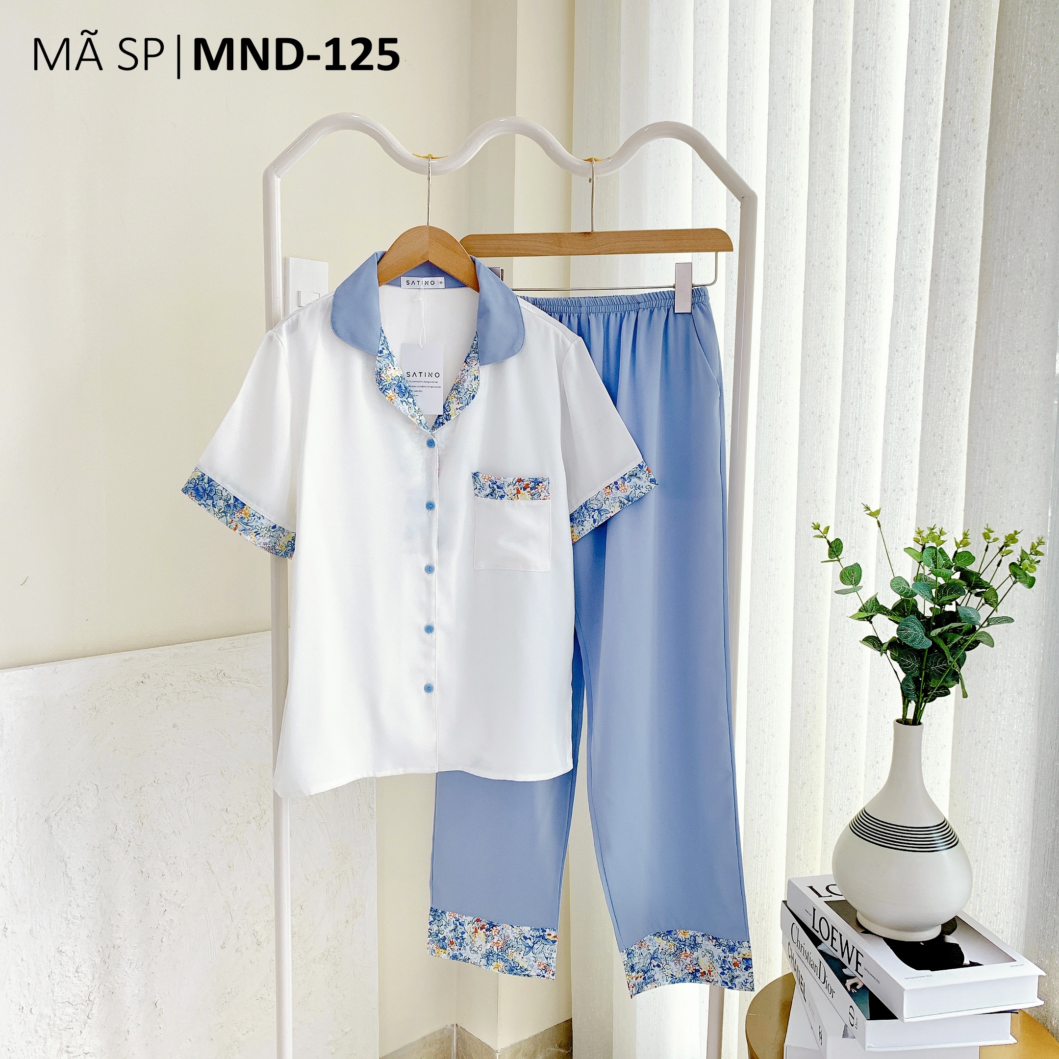 Đồ bộ mặc nhà, đồ ngủ, pijama nữ lụa tnqd satino - lida blue gray & rivera white