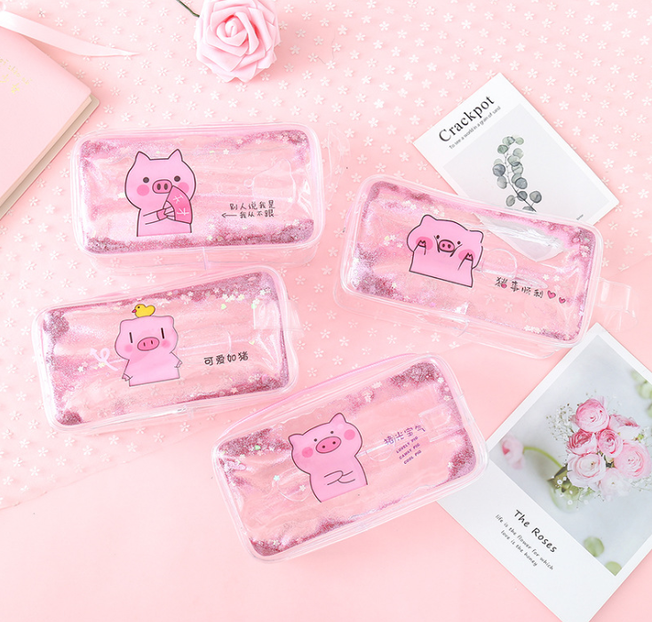 Bóp viết đựng dụng cụ học tập, túi đựng mỹ phẩm trong suốt hình heo hồng dễ thương