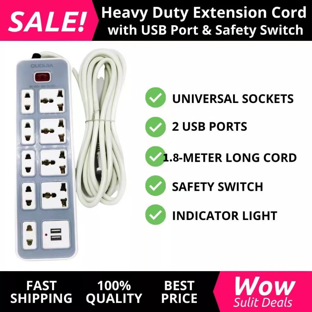 Power plug-9 Plug Universal Power Socket Extension With 2 USB Ports Power Strip Surge Protector Adapter Socket Outlet USB Extension Plug，long 1.8m，2000W