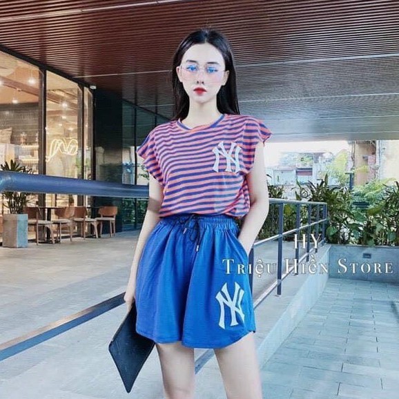Set áo thun n.y quần shorts cá tính freeship áo phông mix quần đùi nữ thời trang ad136