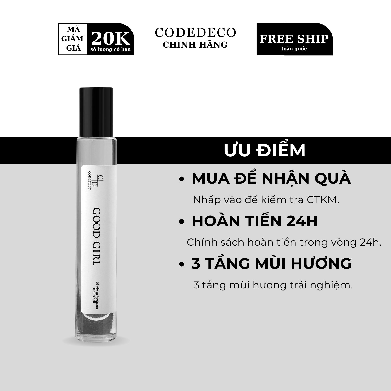 Tinh dầu nước hoa CODEDECO Good Girl 10ml, ngọt ngào, gợi cảm, dạng chai lăn