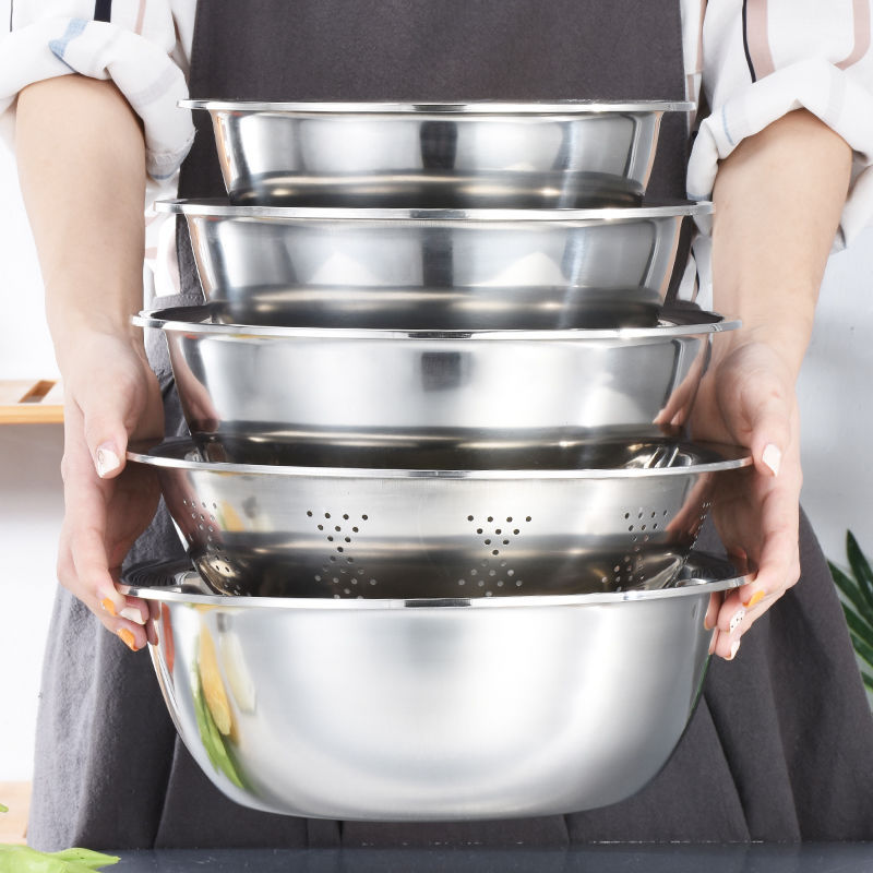 Chậu inox, Chậu rổ inox, chất liệu Inox chống rỉ gồm1 rổ có lỗ+4 rổ chậu kín , Bộ 5 tô rổ chậu rổ inox 18-26cm
