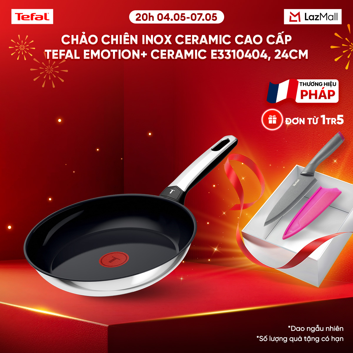 Chảo chiên inox ceramic cao cấp Tefal EMOTION+ CERAMIC E3310404, 24cm