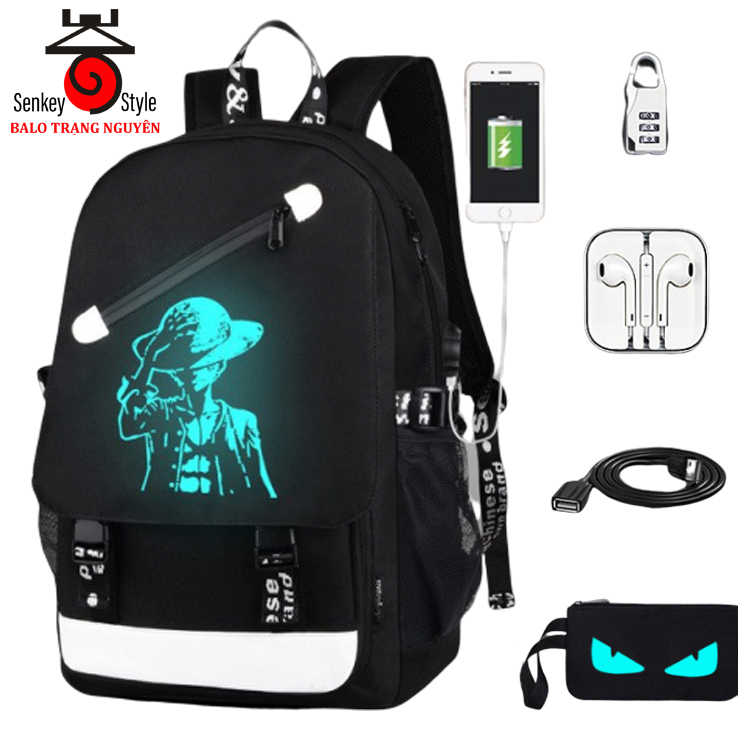 Balo Trạng nguyên Senkey, Cặp học sinh đi học Chống Nước, Chống Xước Mới 2022, Balo nam dạ quang phát sáng hình Luffy Cool Ngầu, Ba lô đi  học Tặng kèm cáp sạc USB & Khóa số chống trộm, Tai nghe, Ví mắt dạ quang