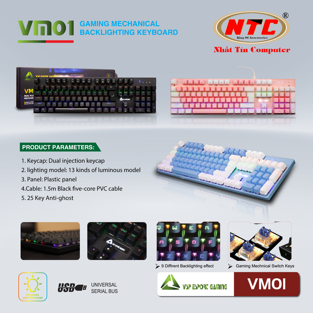 Bàn phím Cơ Gaming VSP Esport VM01 - 13 chế độ Led, Anti Ghost 25 phím