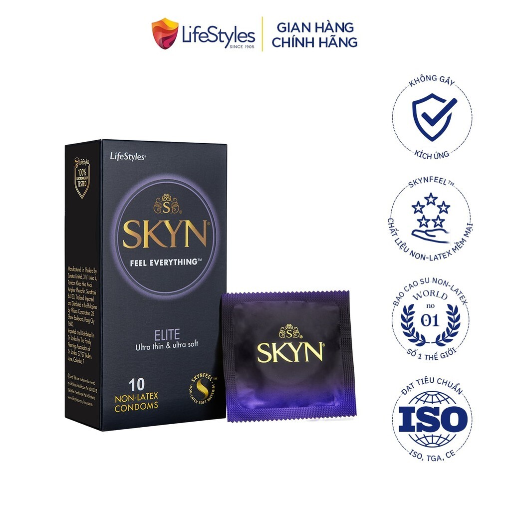 Hộp 10 Cái Bao cao su LifeStyles SKYN Elite Non-Latex cao cấp, bao cao su nam skyn siêu mỏng siêu mềm cảm giác chân thật