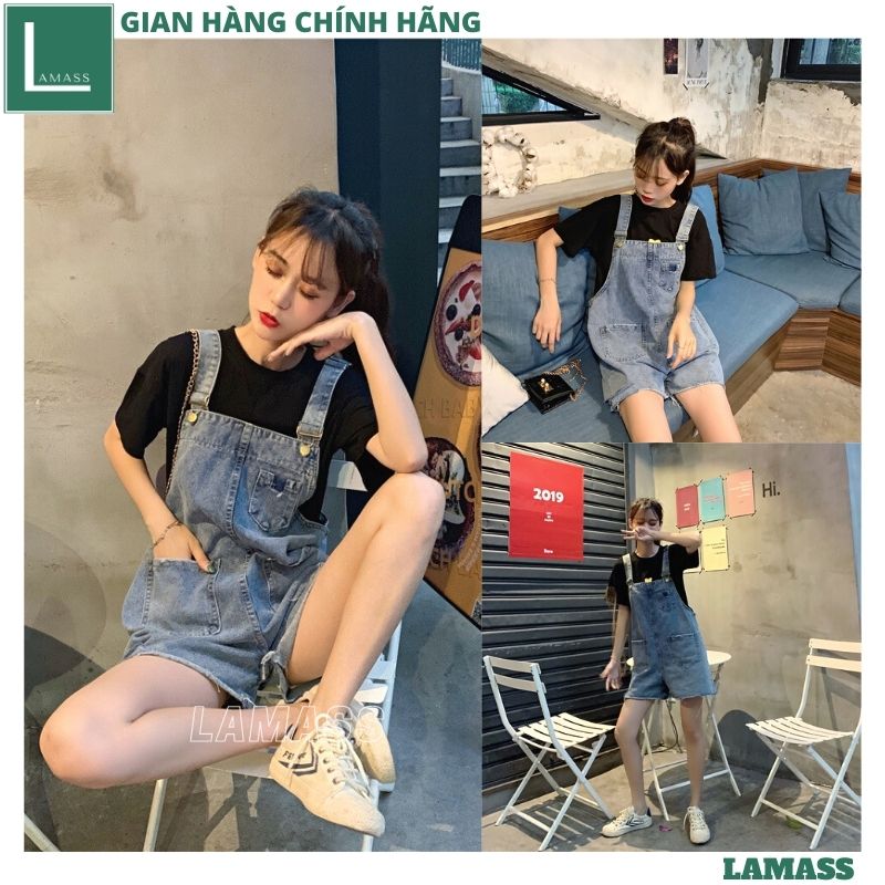 Quần yếm jeans đùi ống rộng lưng cao thời trang cho nữ, Quần bò yếm rách 2 túi có túi ngực siêu cá tính, yếm bò lửng, yếm jeans kute ulzzang -LAMASS
