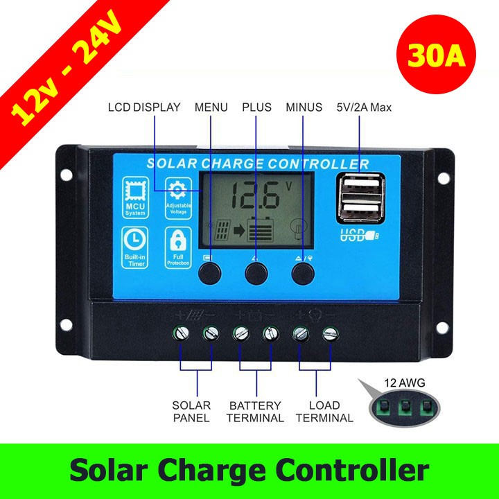 Bộ điều khiển sạc pin năng lượng mặt trời PWM 12/24V tự động nhận bình công suất lớn 30A