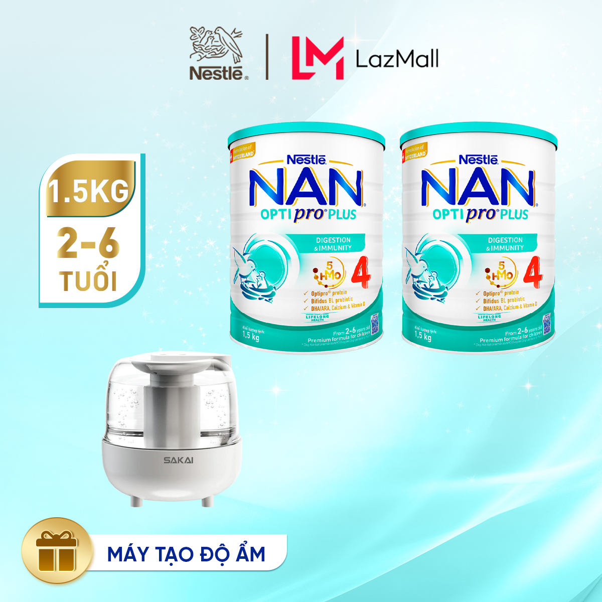 [Tặng Máy tạo độ ẩm] Bộ 2 Lon Sữa bột Nestlé NAN OPTIPRO PLUS 4 với 5HMO xuất xứ Thụy Sĩ - Hộp 1500g cho bé từ 2 - 6 tuổi - Sữa công thức dinh dưỡng cho trẻ giúp hỗ trợ tiêu hóa, đề kháng, trí não