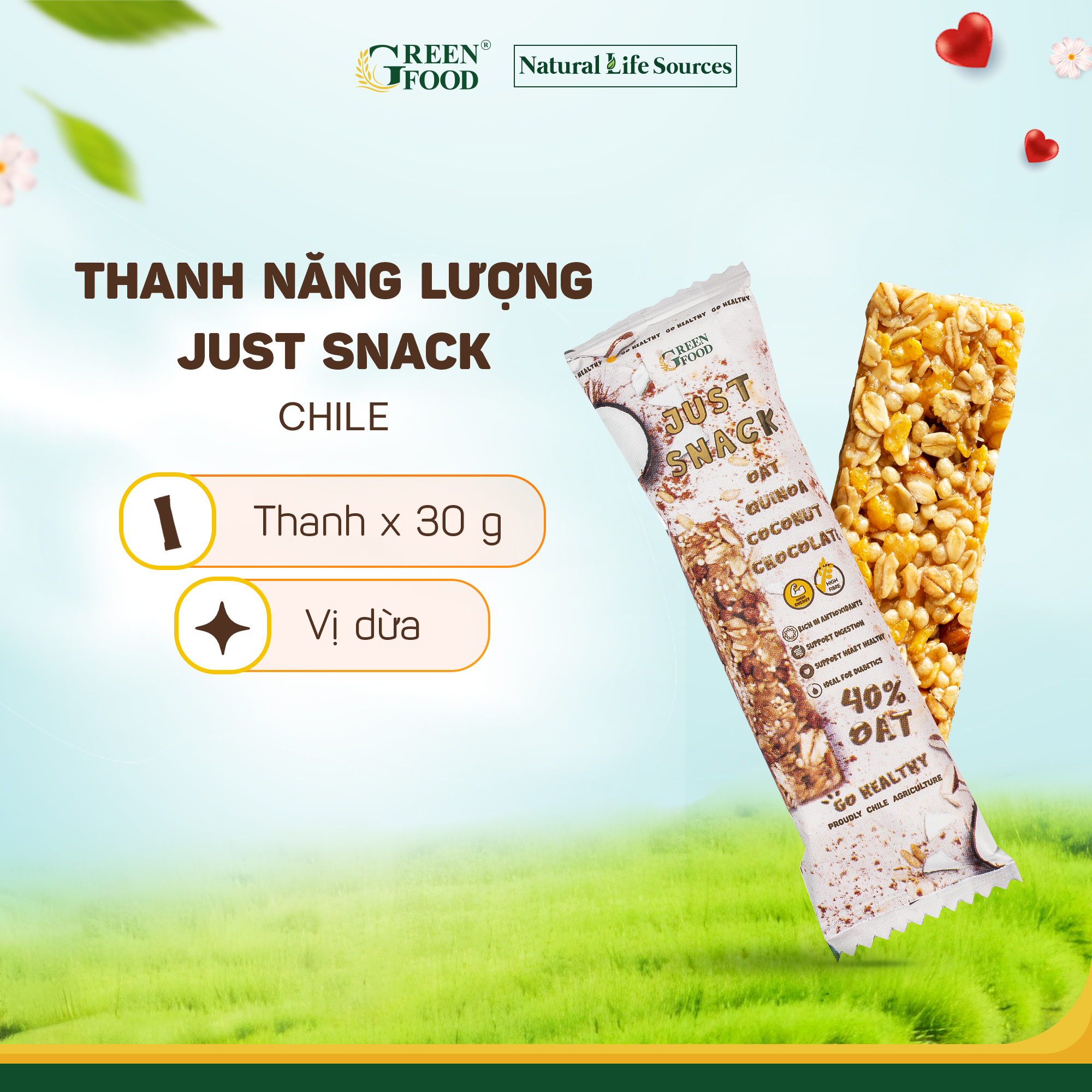 Thanh Năng lượng Ngũ Cốc Yến Mạch Just Snack Vị Dừa 30g, nhập khẩu trực tiếp từ Chile, bữa sáng tiện lợi, đầy đủ dinh dưỡng.