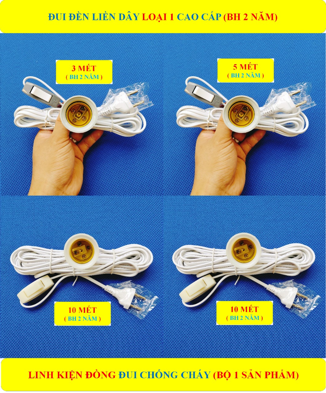 Đuôi đèn, đui đèn liền dây đui E27 CHỐNG CHÁY LOẠI 1 cao cấp + (BH 2 NĂM) + Dây dài 3/5/10 Mét + 1 công tắc (bộ 1 sản phẩm)