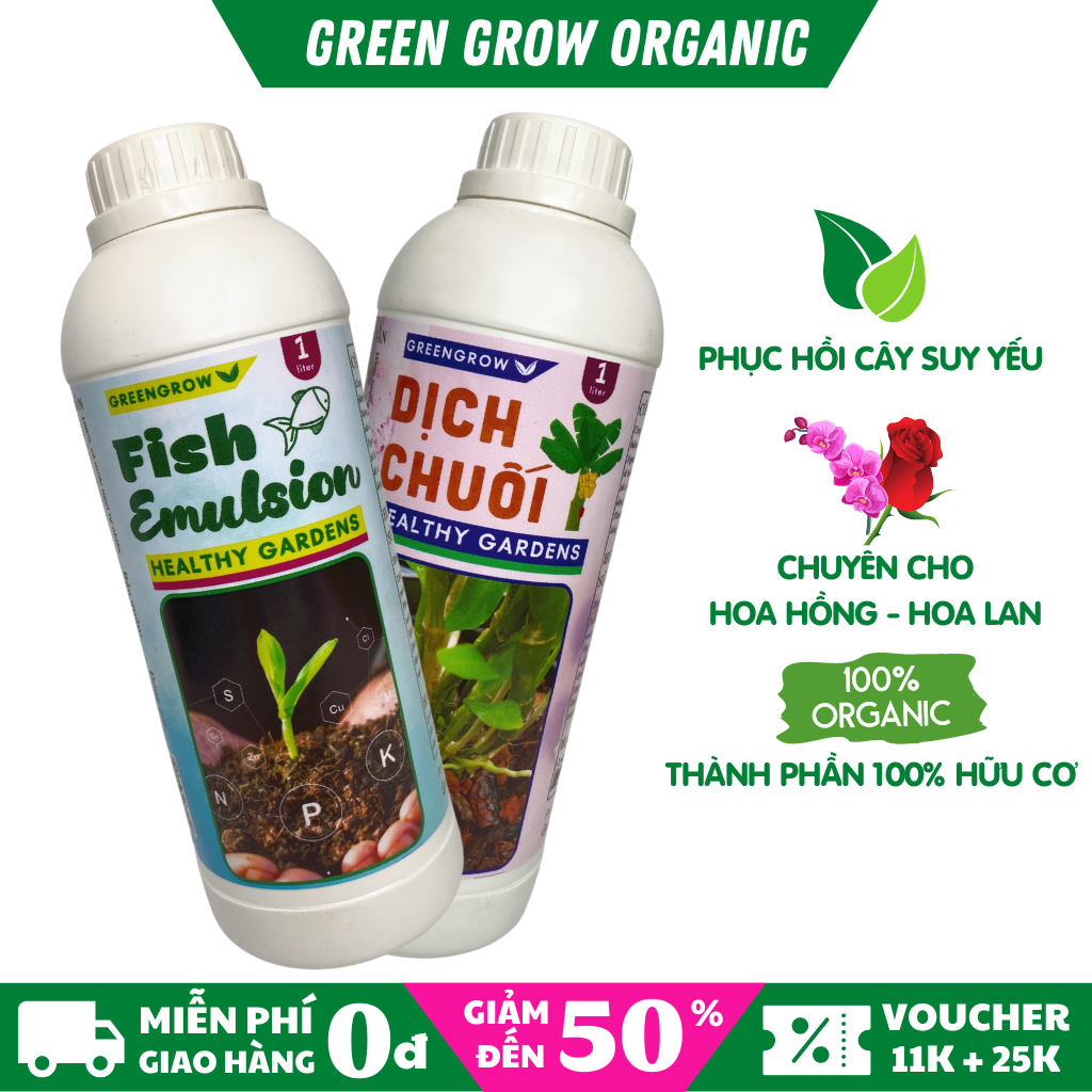 Combo Phân Đạm Cá humic và Dịch Chuối trứng Green Grow Organic mỗi chai 1 Lít, phân bón hữu cơ vi sinh cho hoa Hồng hoa Lan kích rễ mầm khỏe kích hoa đồng loạt MS138