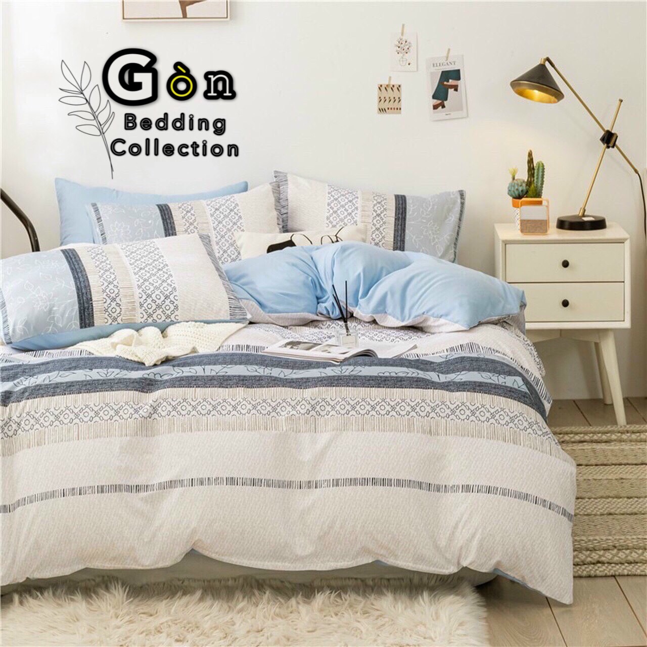 Bộ Chăn Ga Gối Cotton Poly , Thổ Cẩm Trắng , Chất Liệu Thoáng Mát , Kích Cỡ Đa Dạng ( 1 Grap , 1 Vỏ Chăn , 2 Vỏ Gối ) By. Gòn