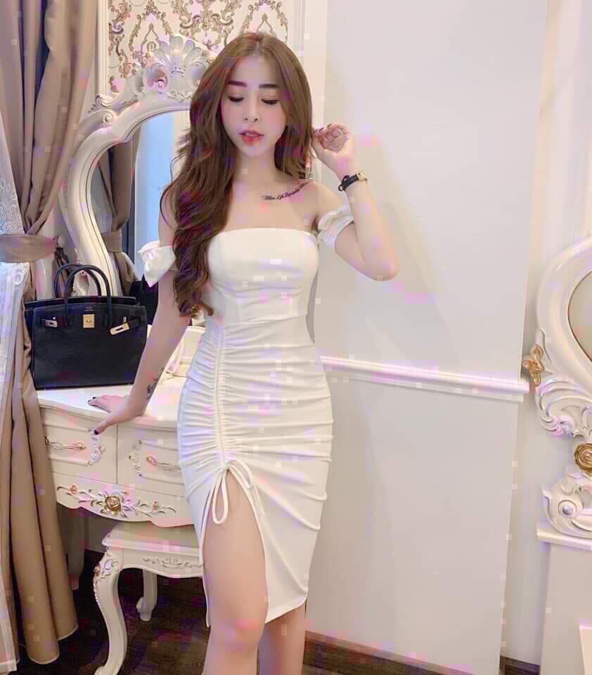 Đầm Nữ body dự tiệc cúp ngực phối tay con, đầm rút dây xẻ tà chất cát hàn co dãn có nhiều màu để lựa chọn