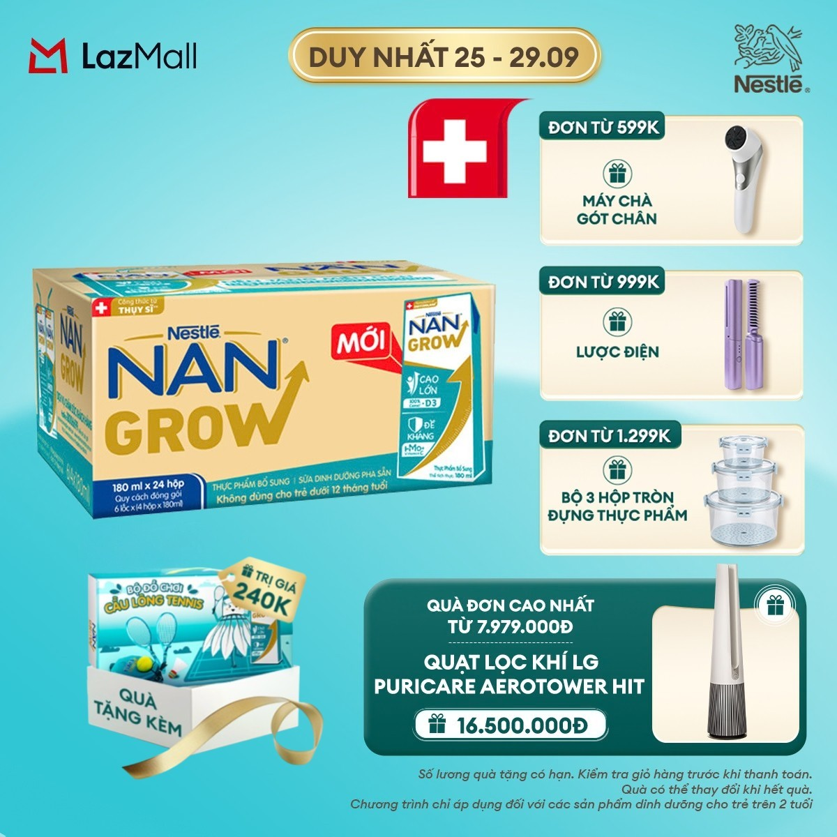 [CHỈ 25-29.09 QT ĐƠN 599K/999K/1299K] [Tặng Đồ chơi cầu lông] Thùng 24 hộp Sữa bột pha sẵn Nestlé NANGROW 180ml cho bé trên 1 tuổi - Sữa nước vị nhạt thanh