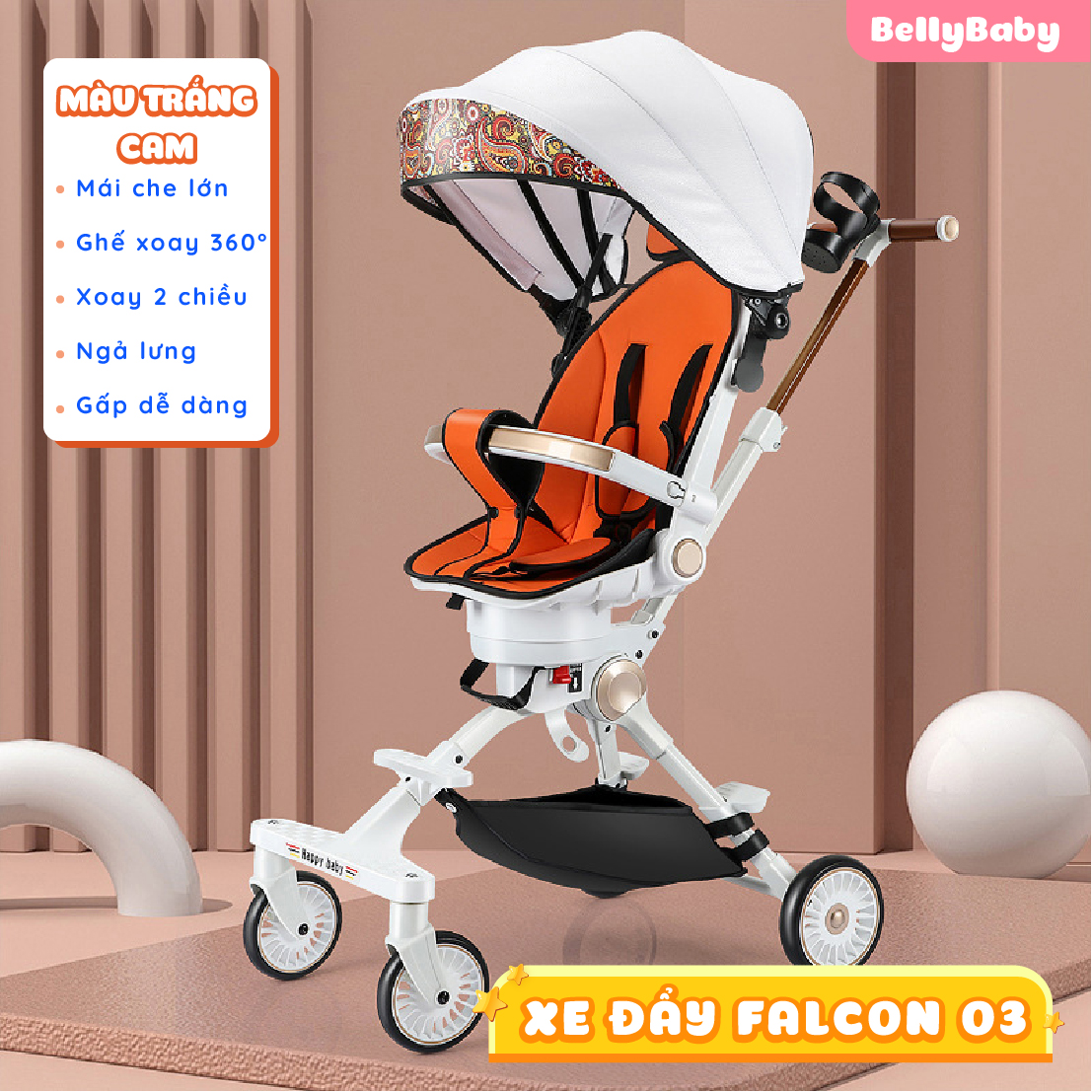Xe đẩy du lịch cho bé 2 chiều cao cấp falcon 03 gấp gọn, đảo chiều, ngả lưng model 2022