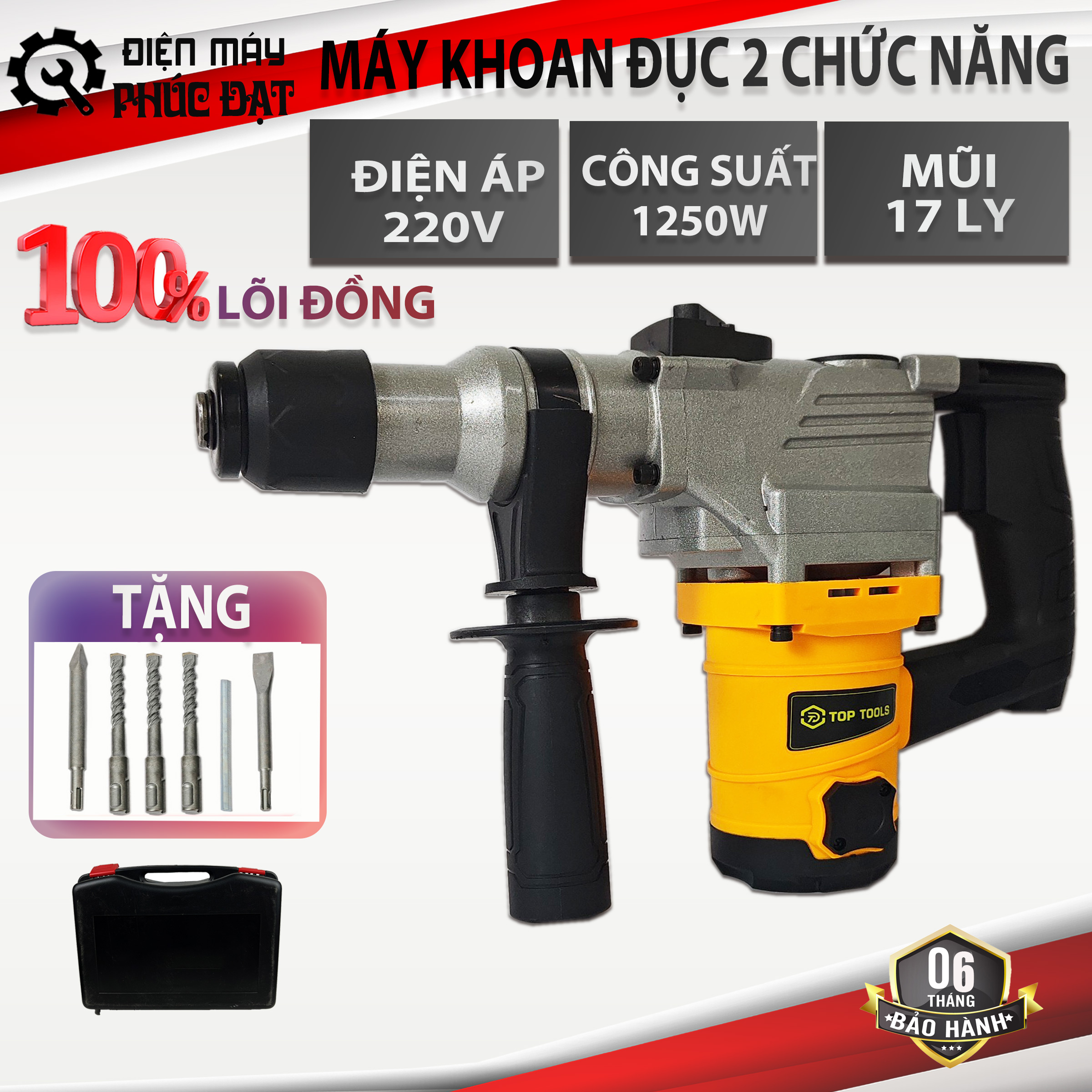 Máy khoan đục, đục phá bê tông GT2926 hàng chính hãng lõi đồng 100%, công suất 1250w, tốc độ 1000v/p + tặng kèm 5 mũi khoan, mũi đục và vali nhựa chuyên dụng, máy khoan búa, đục bê tông